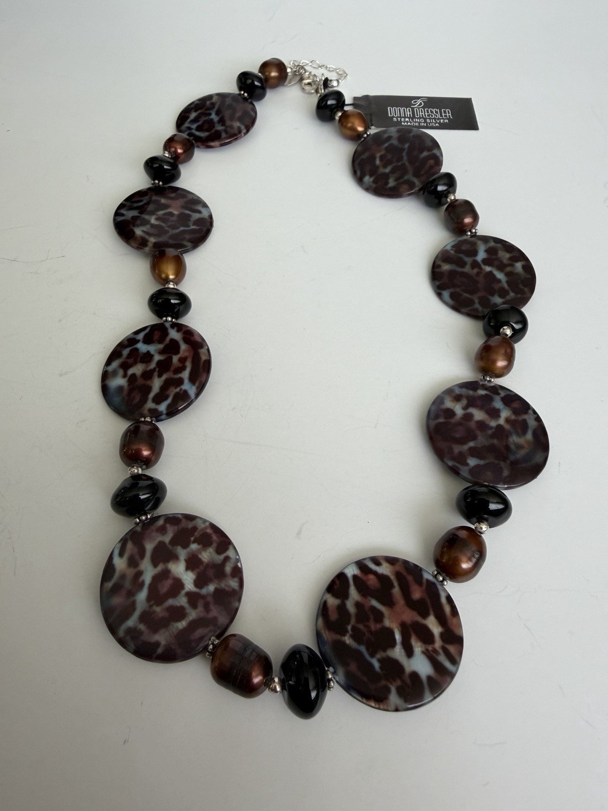 NWT Donna Dressler Leopard Print Agate Necklace 925 Genuine Onyx and Pearls!