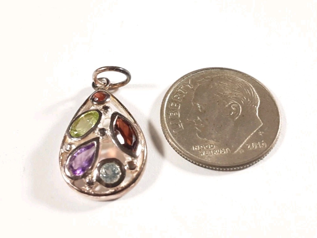 SIGNED AHM 925 STERLING SILVER SMALL GARNET TOPAZ PERIDOT AMETHYST 1″ PENDANT 2g
