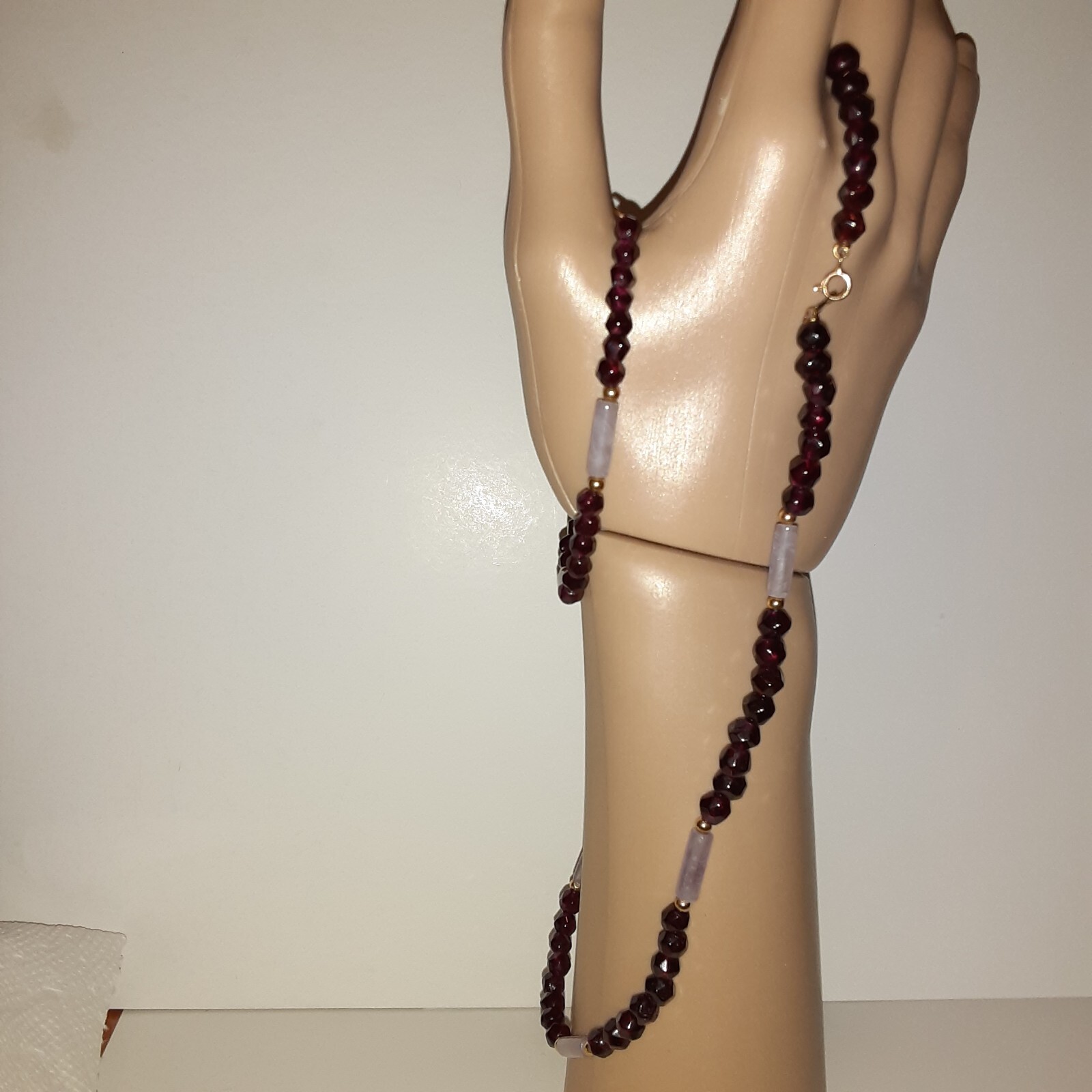 14k Gold Garnet and Rose Quartz Necklace and Bracelet Set.