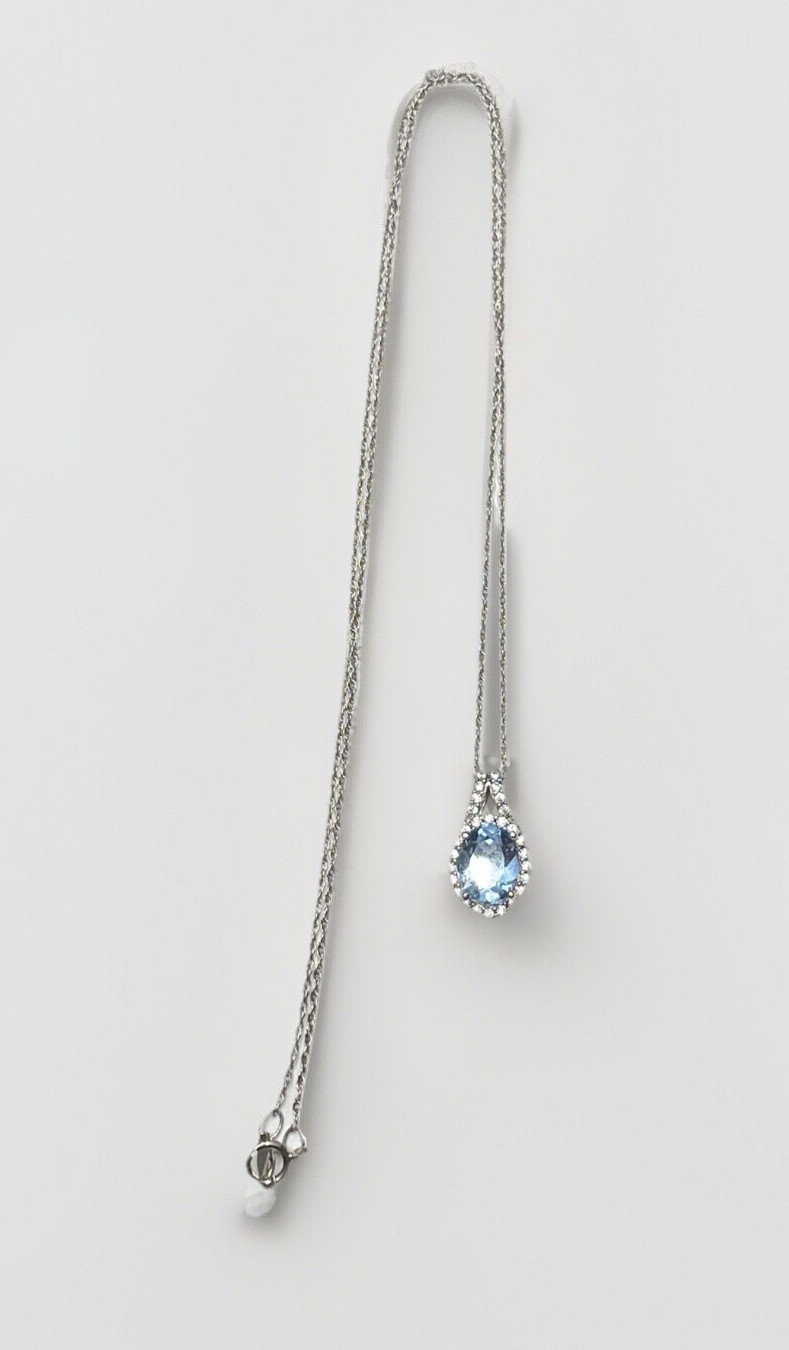 Fine Sterling Silver Chain Necklace & Blue Surrounded by White Topaz 17-1/2″