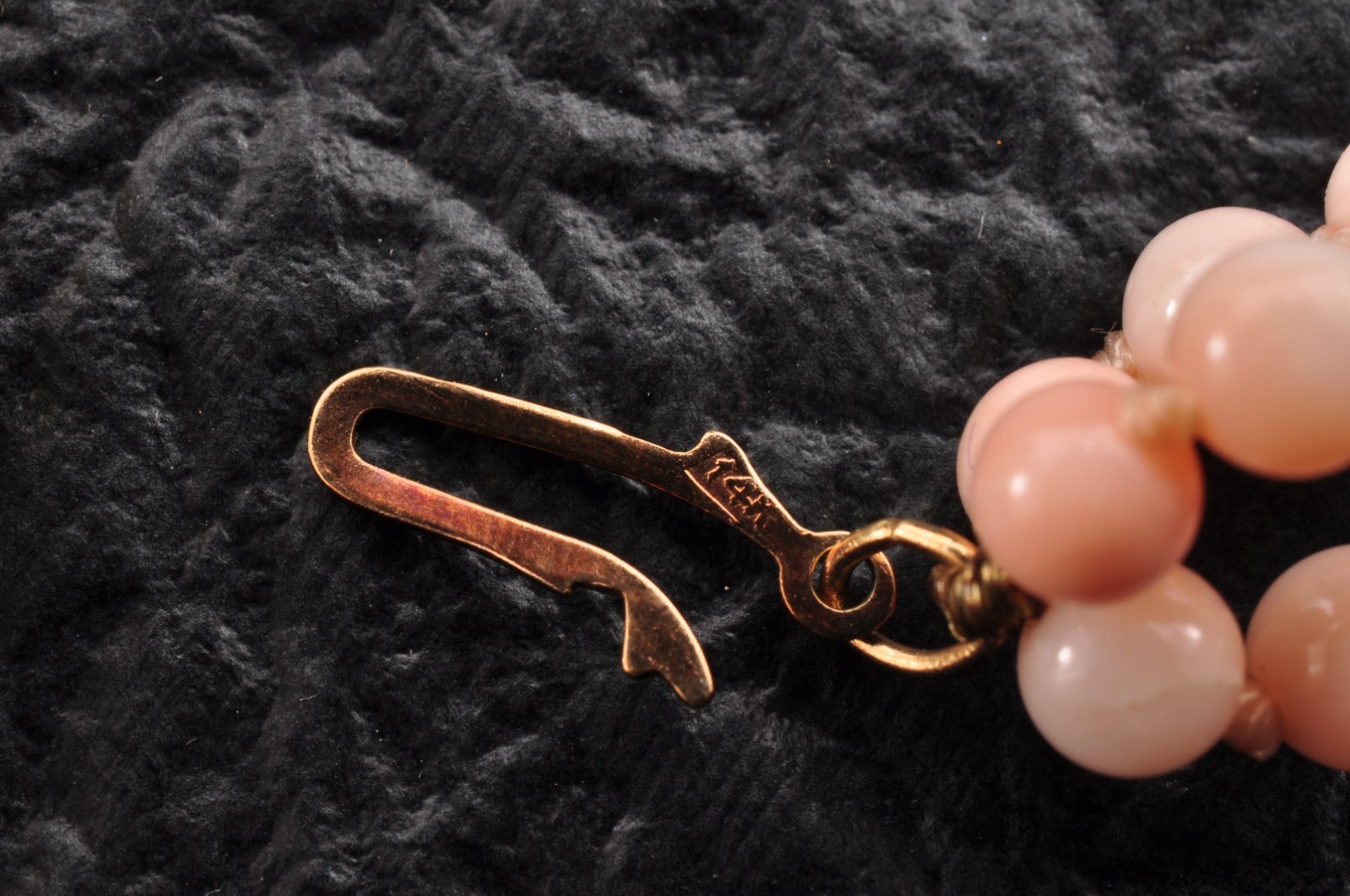 14k gold clasp pink coral necklace carved “cherry blossoms” Certification box.