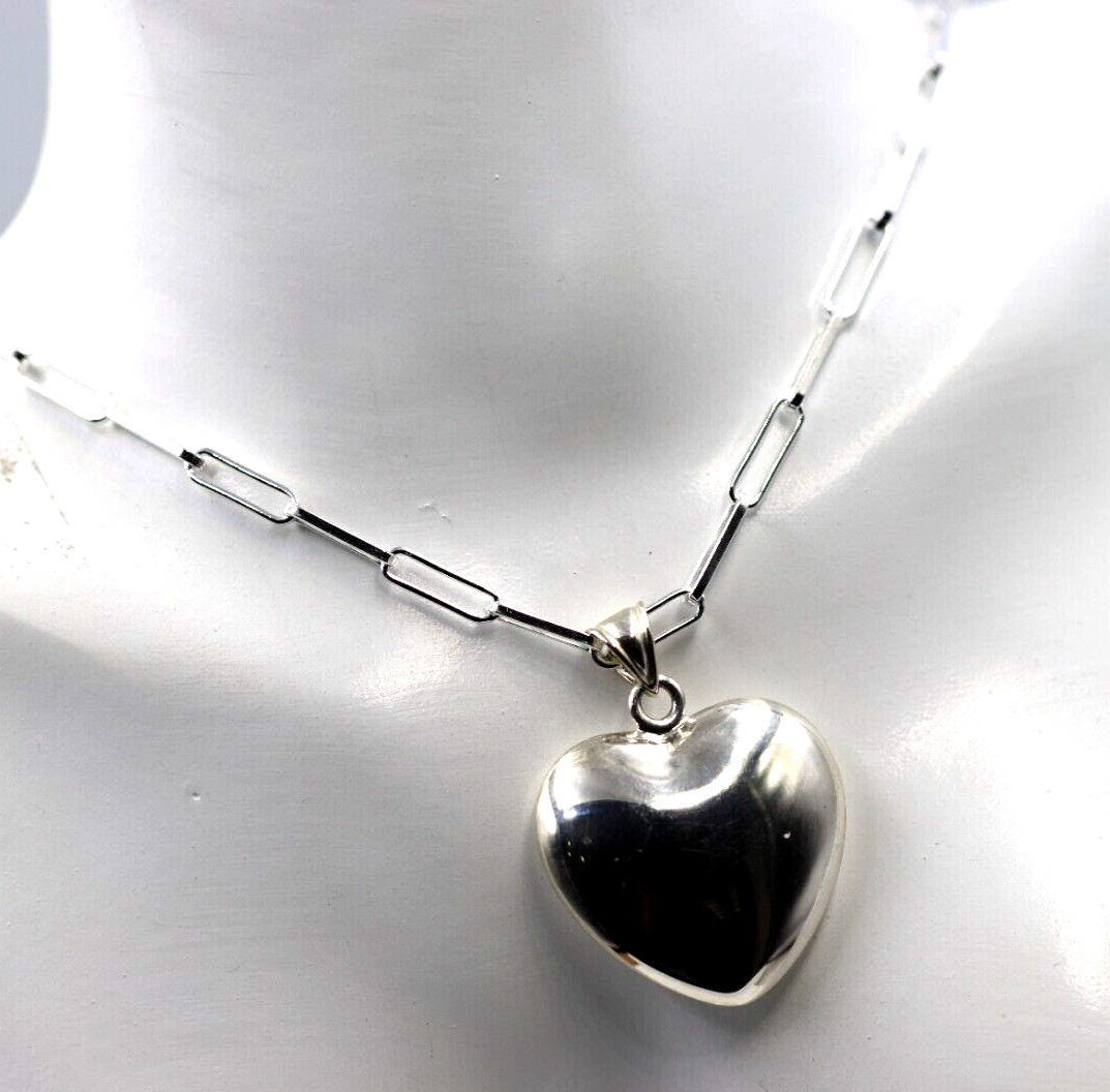 Sterling Silver 925 Paperclip 70cm Necklace + Puffy Heart Pendant -Free Post