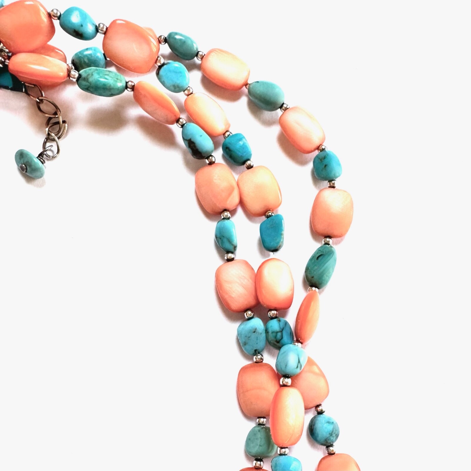 TURQUOISE Necklace Sterling Coral Mother of Pearl Bead 3-Strand VERY GOOD COND