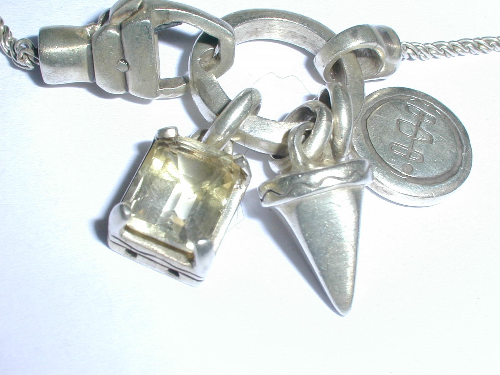 LISA JENKS MODERNIST STERLING 3 DANGLE LONG NECKLACE W/RING & CITRINE STONE- 24″
