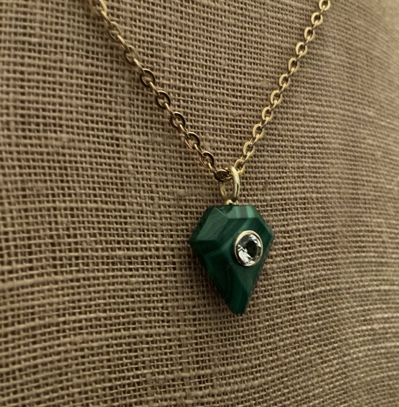 NEW Artisan Handmade GP Sterling Shield Malachite Bezel Topaz Stainless Necklace