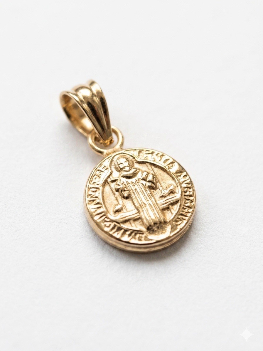 18K Solid Gold Small Saint Benedict Medal Pendant (9 mm) | Minimalist Religious