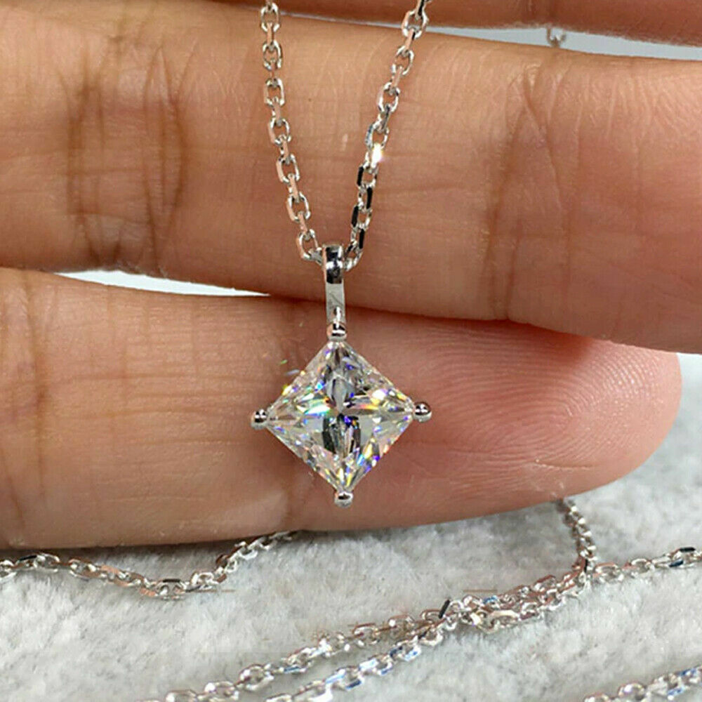 3.00Ct Princess Cut Moissanite 4 Prong Solitaire Necklace 10K Solid White Gold