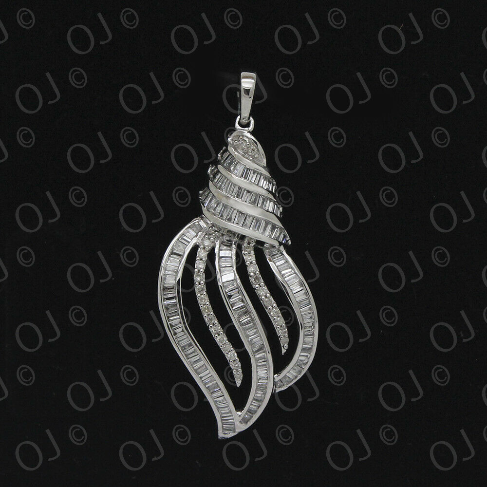 Women’s 0.78 CT Baguettes & Round Diamond Drop Pendant in Solid 14K White Gold