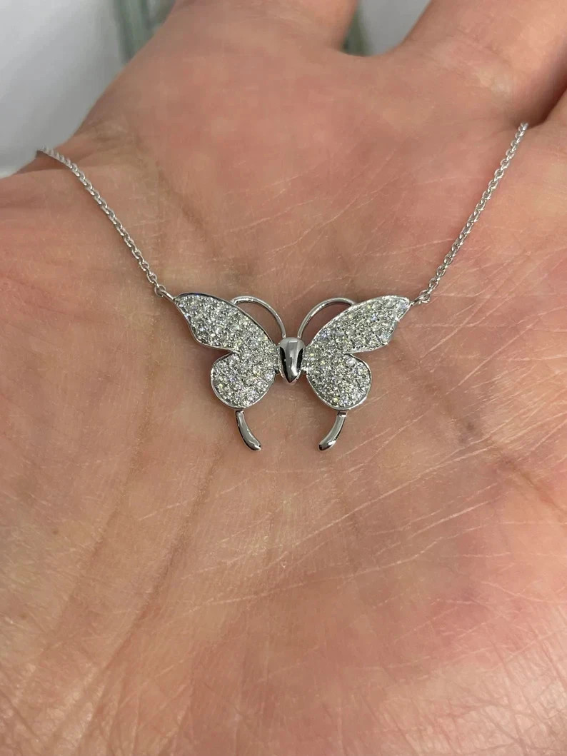2Ct Real Moissanite Womens Butterfly Pendant 14K White Gold Plated