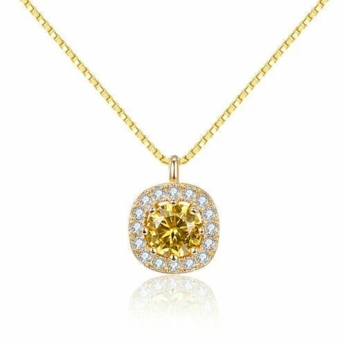 2Ct Round Cut Lab Created Citrine Halo Pendant 14K Yellow Gold Plated Free Chain