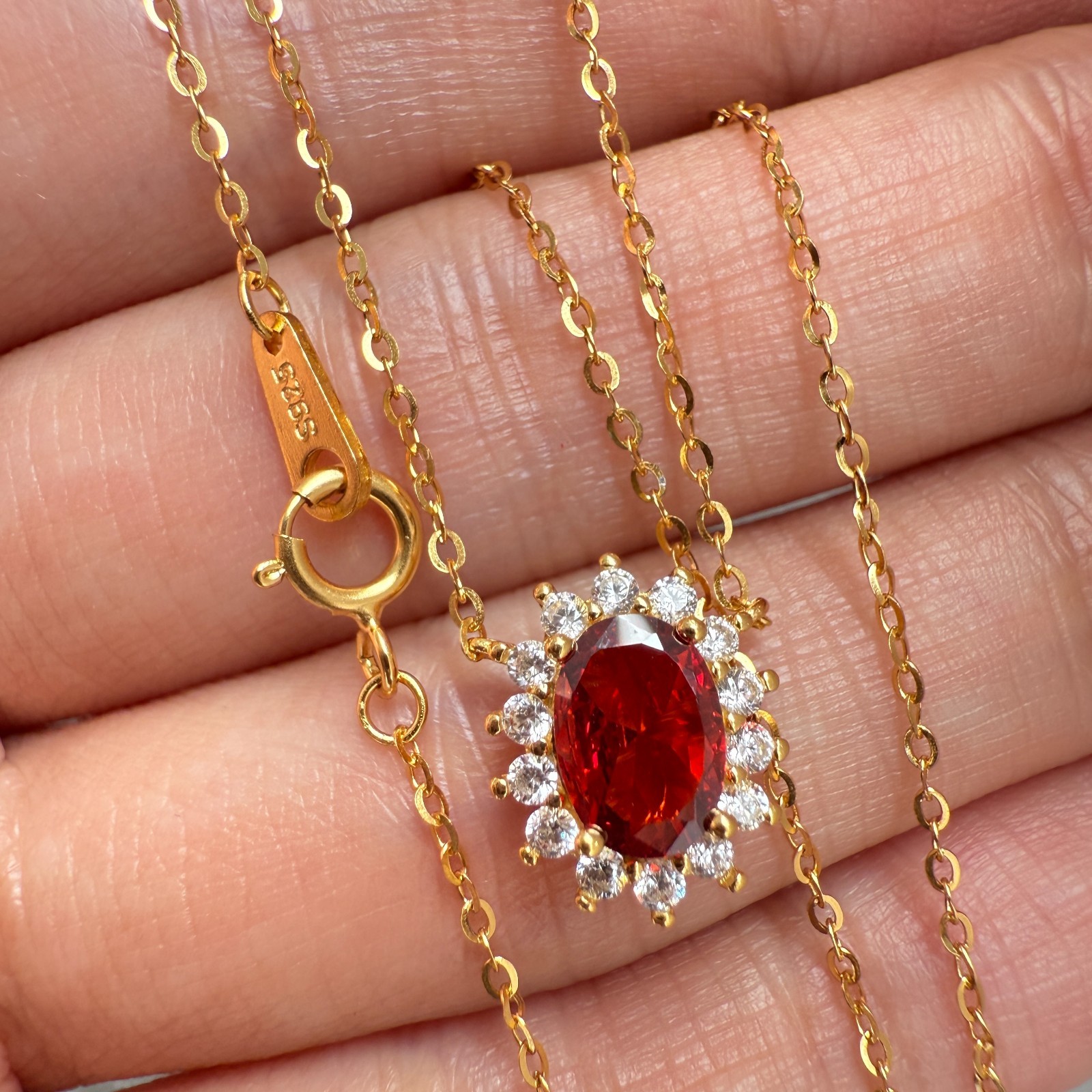 925 Sterling Silver Necklace 7x5mm Natural Garnet Zircon Handmade Flower Chain