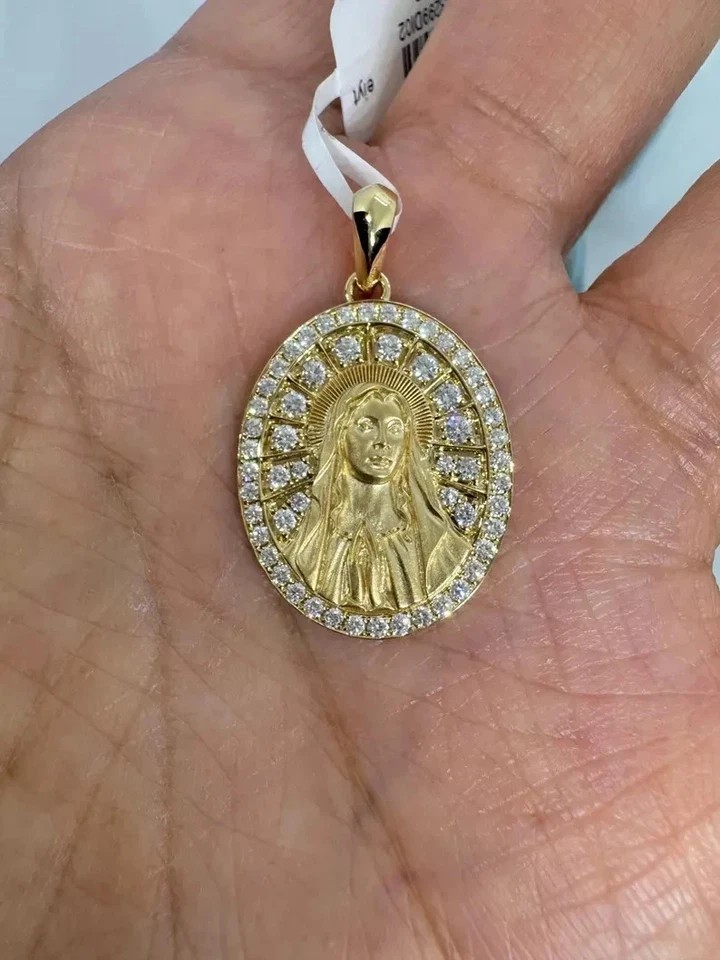 14K Yellow Gold Plated 1Ct Round Cut Real Moissanite Women’s Virgin Mary Pendant