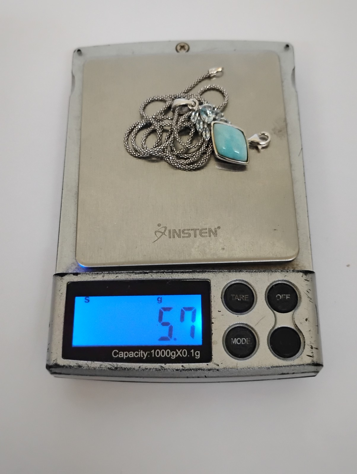 CFJ Thailand Larimar Blue Topaz Pendant Necklace Rhodium Plated Sterling Silver