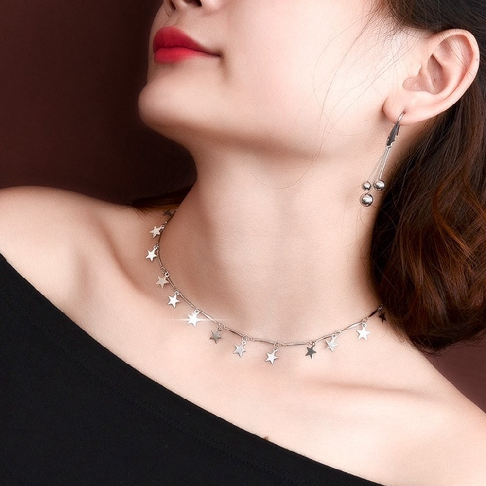 Stainless Steel Luck Stars Dainty Choker Necklace (Silver)