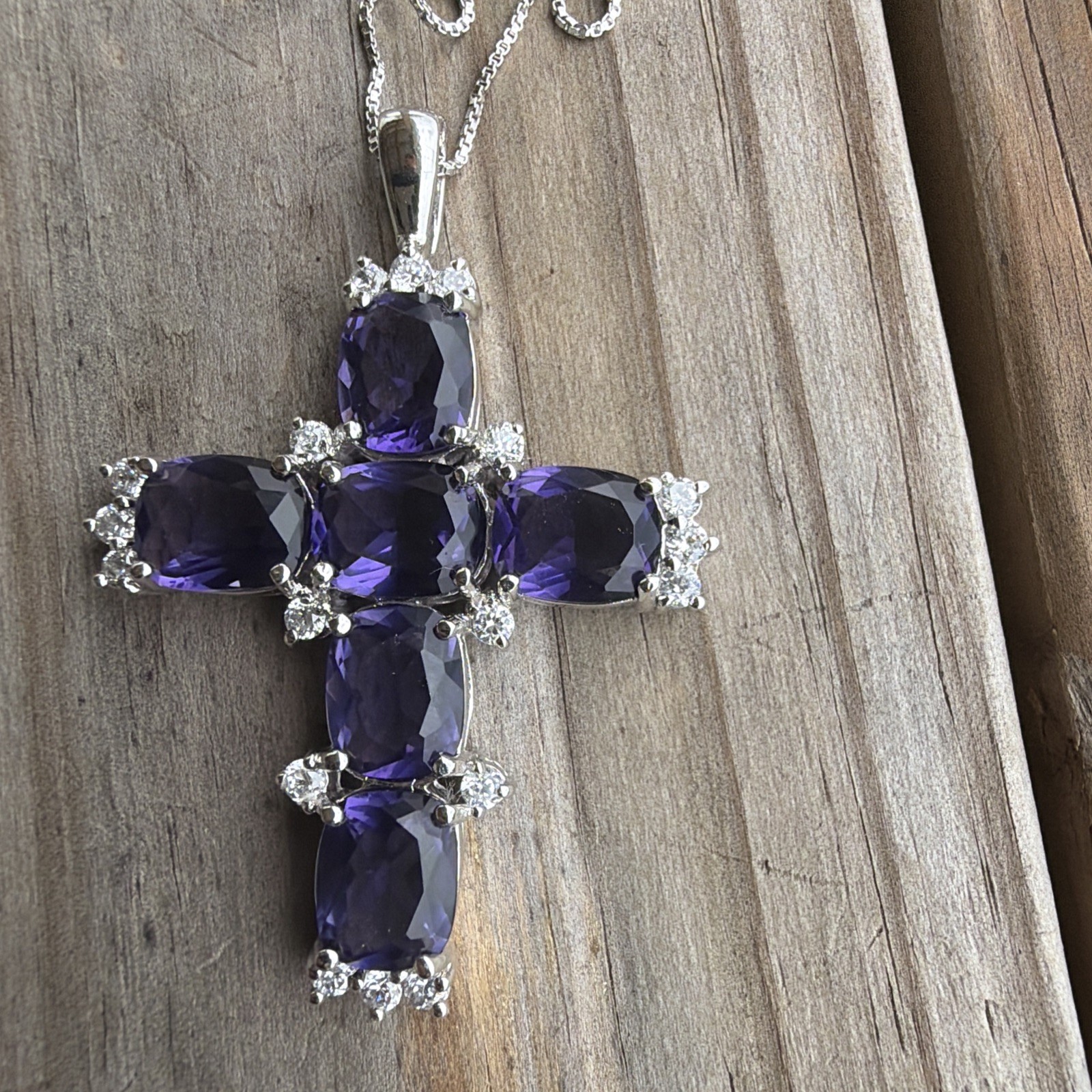 Amerthyst CZ Cross 2.25” Pendant Sterling Silver 925 Mount And 18” Chain 20g