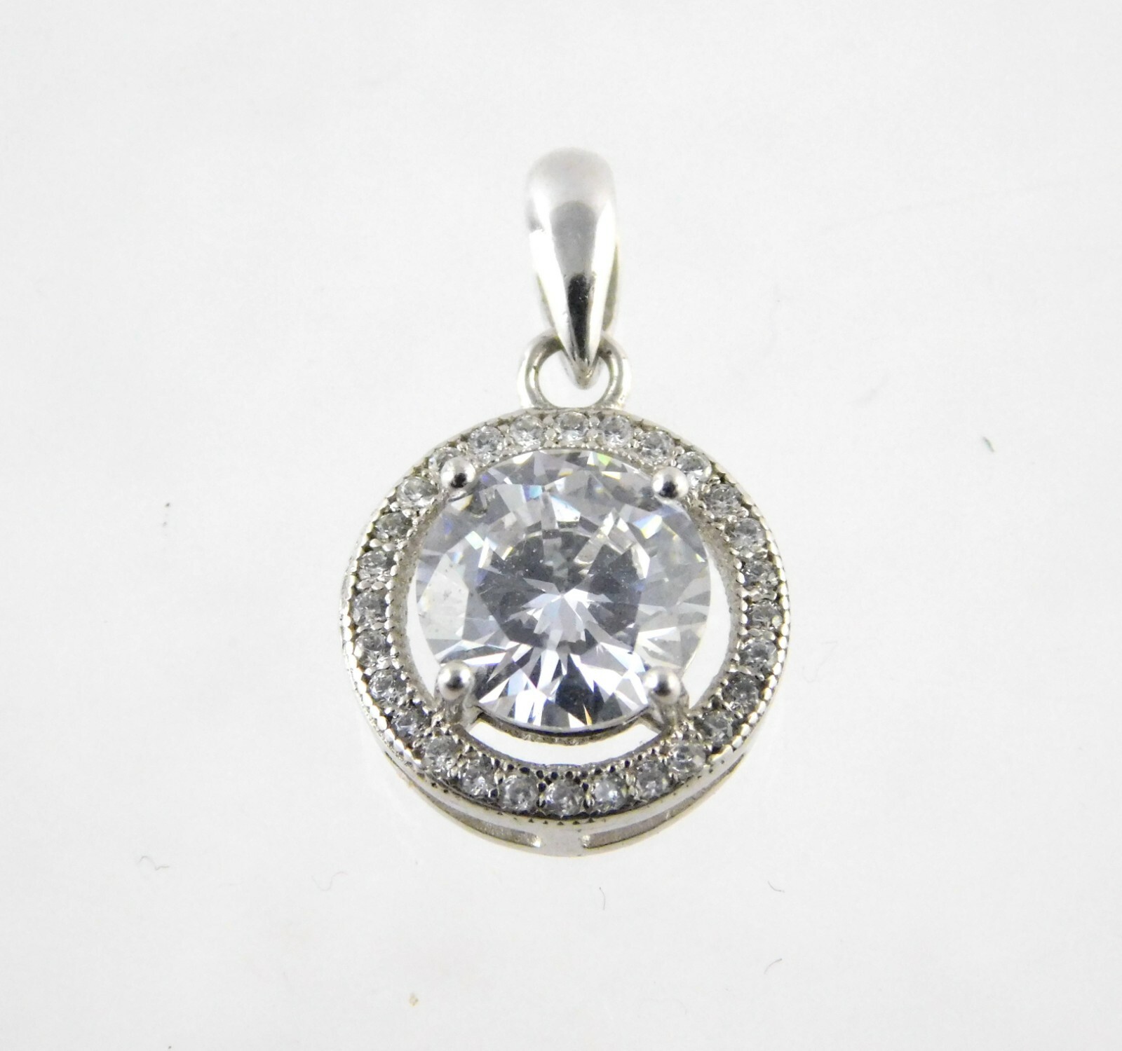 IBB Sterling Silver White Crystal Pendant with Halo 925 CN Round Gems