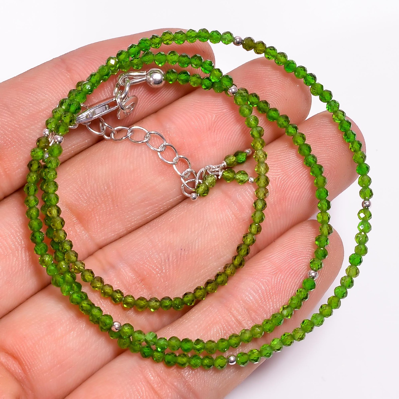 AAA Natural Chrome Diopside 925 Sterling Silver Beads Necklace 17-19″ P-810