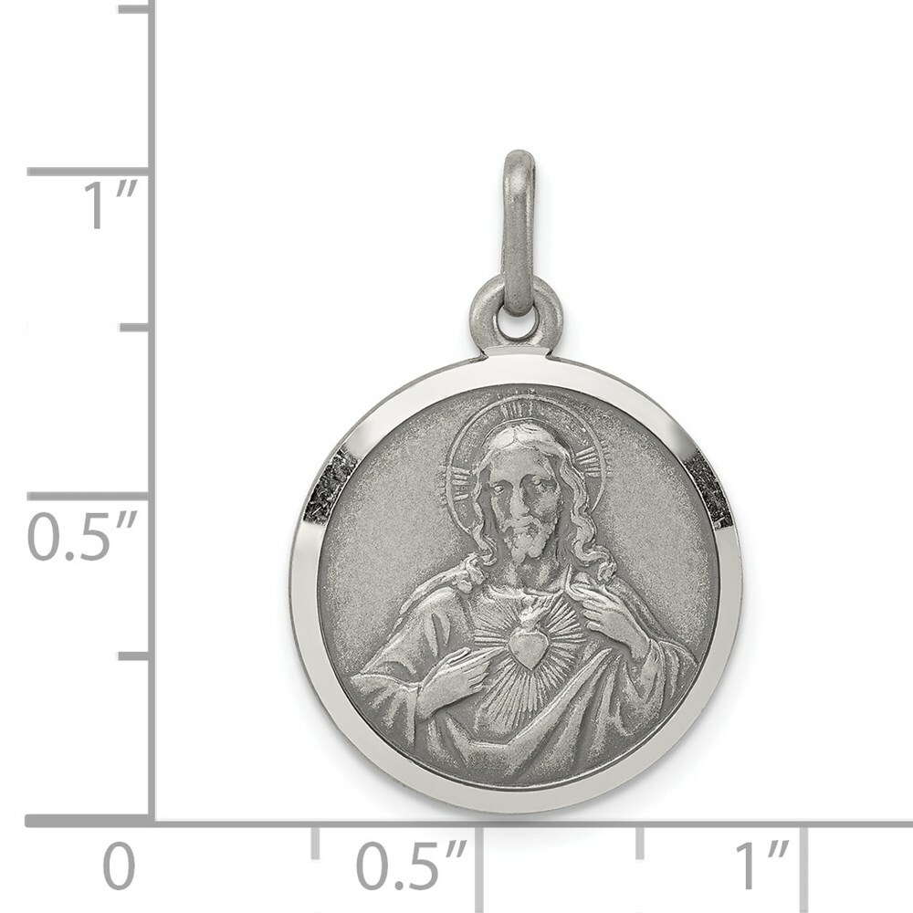 Sterling Silver Sacred Heart of Jesus Round Medal Charm Pendant 1.22 Inch