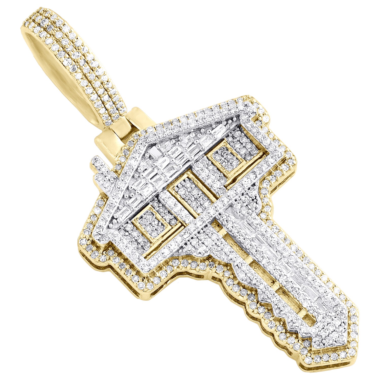 10K Yellow Gold Real Baguette Diamond 2″ Cluster Trap House Key Pendant 1.28 CT