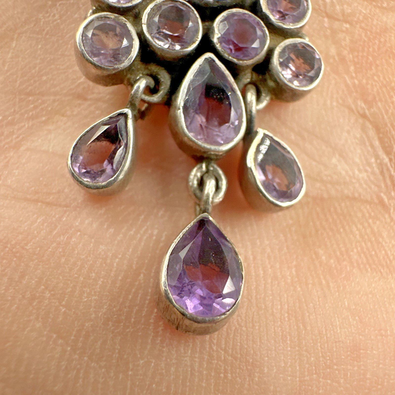 Vintage Amethyst Handmade Sterling Silver Cluster Pendant on 18″ 925 Necklace