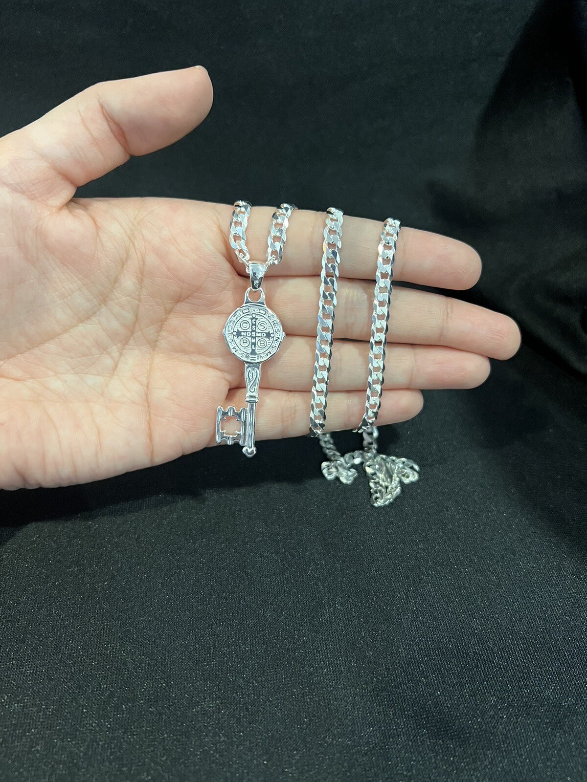 925 Sterling Silver Mens St Benedict Key San Benito Llave & Curb Chain 22 26 30