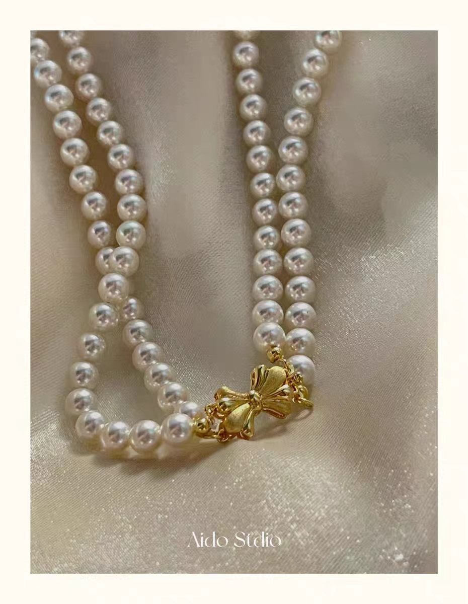 Double stranded AAA 6mm natural akoya white pearl necklace 40CM18K gold buckle
