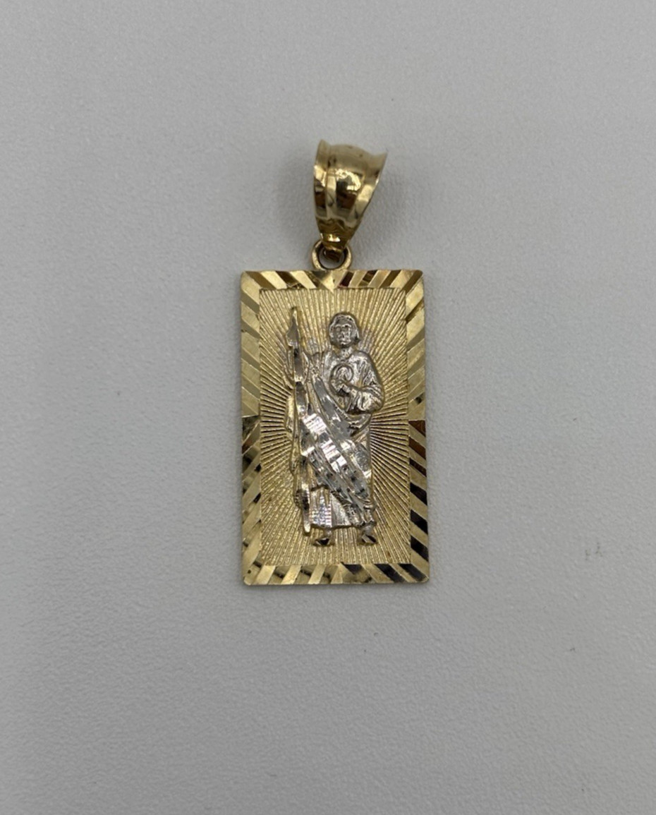 14K Yellow Gold San Judas Religious Pendant Diamond Cut Rectangle 1.22″ 1.94g