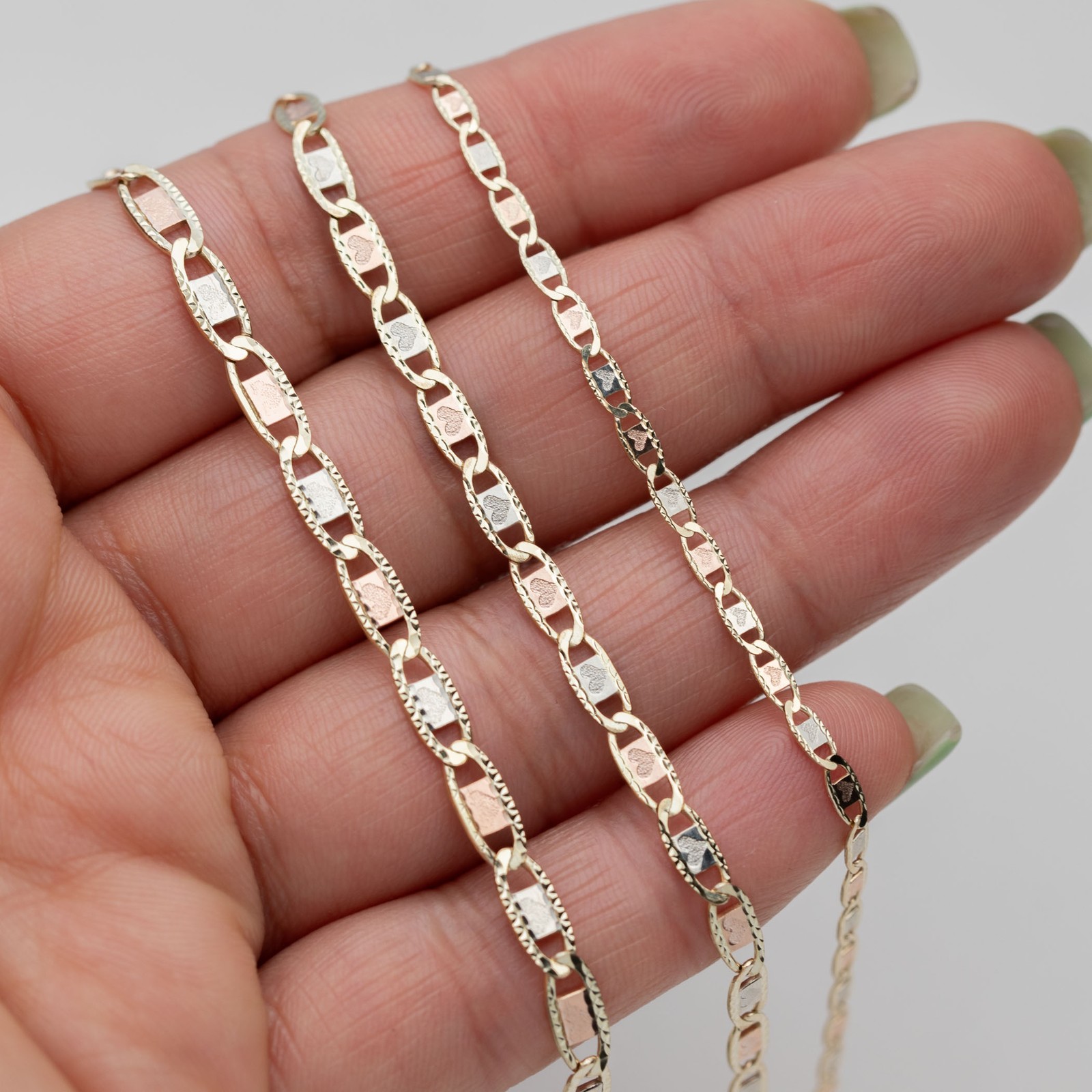 10K GOLD Heart Textured Valentino Link Chain Necklace Tri-Color Gold All Sizes