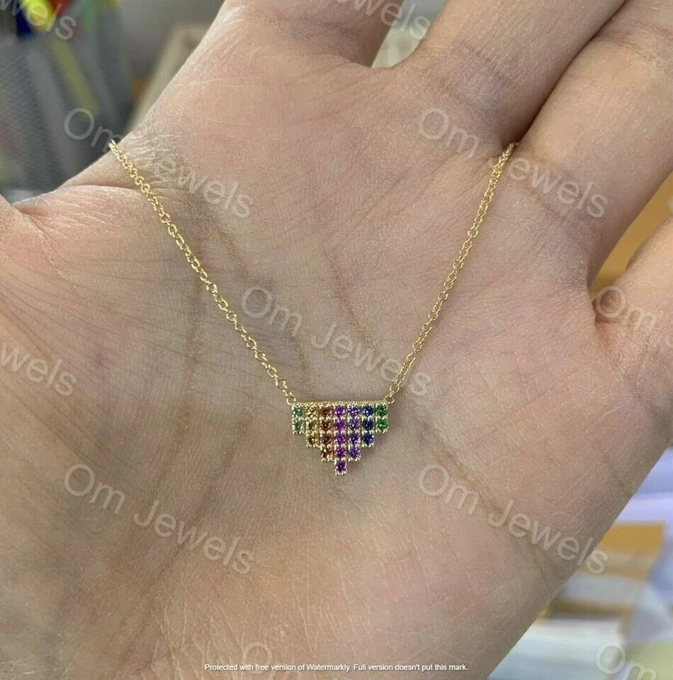 0.70Ct Round Cut Multi Color Rainbow Pendant 14K Yellow Gold Finish Free Chain