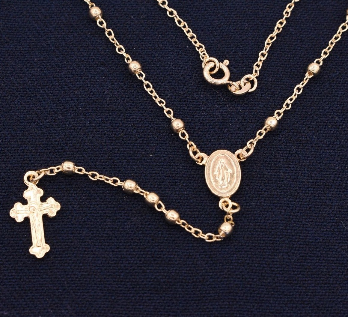 3mm Rosary Shiny Chain Necklace 14K Yellow Gold Plated Silver Italian ALL SIZES