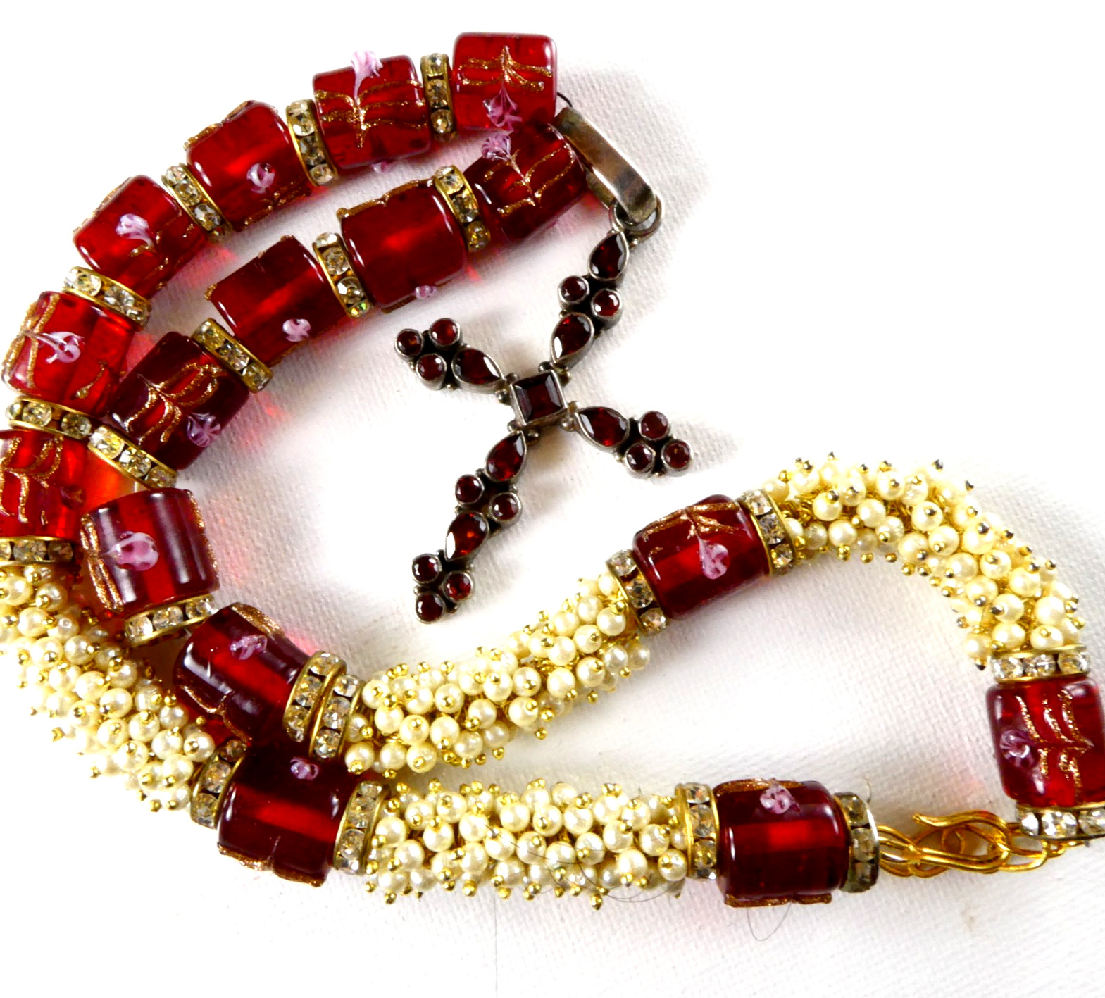 Sterling Silver Garnet Cross Pendant Necklace Red Glass Barrel Beads Crystals