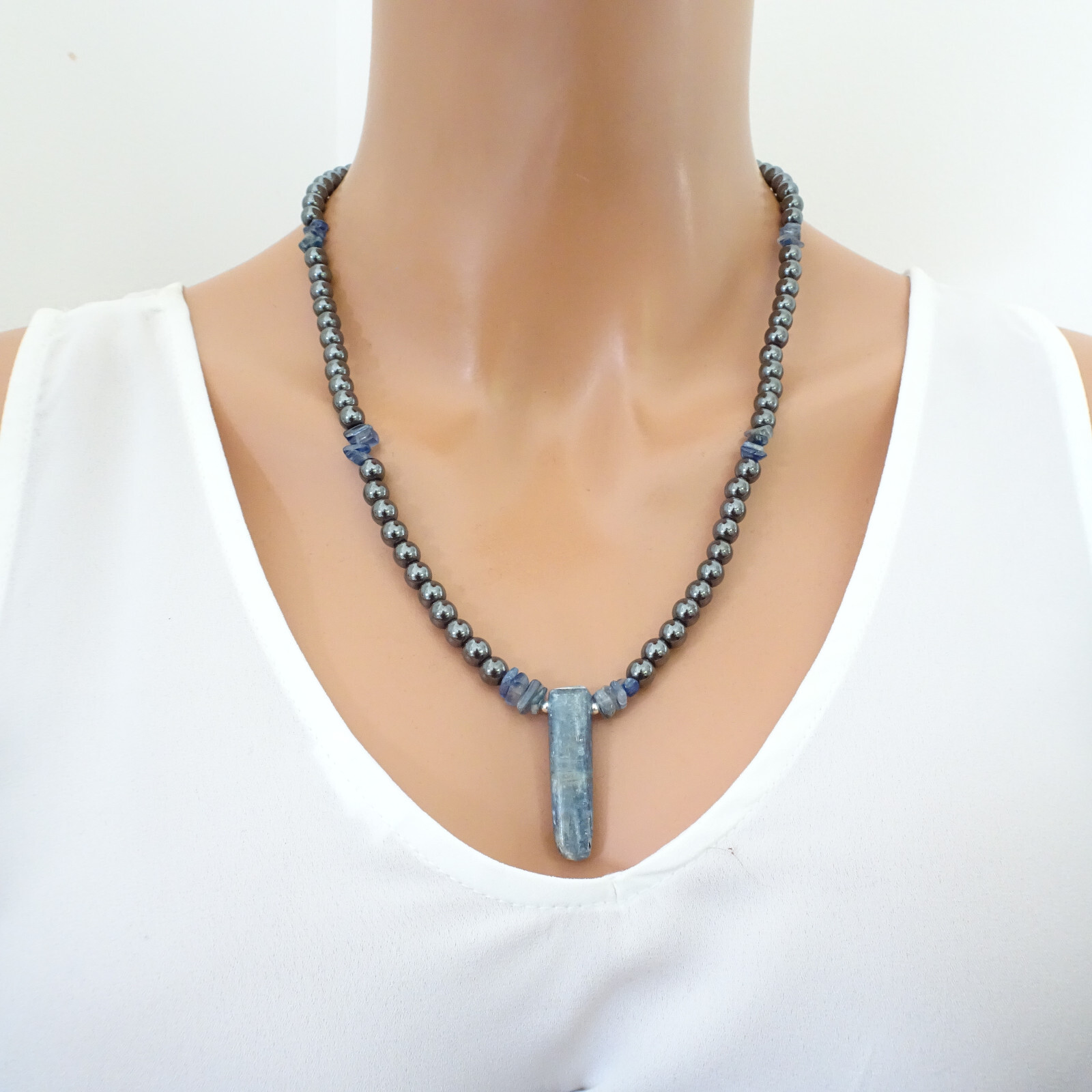 Natural Kyanite Hematite Gemstones Necklace Men Women Genuine Crystal Gift Video