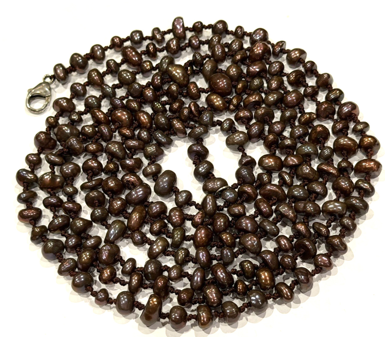 HONORA BROWN CULTURED PEARL HAND KNOTTED 72″ FLAPPER NECKLACE STERLING SILVER EU