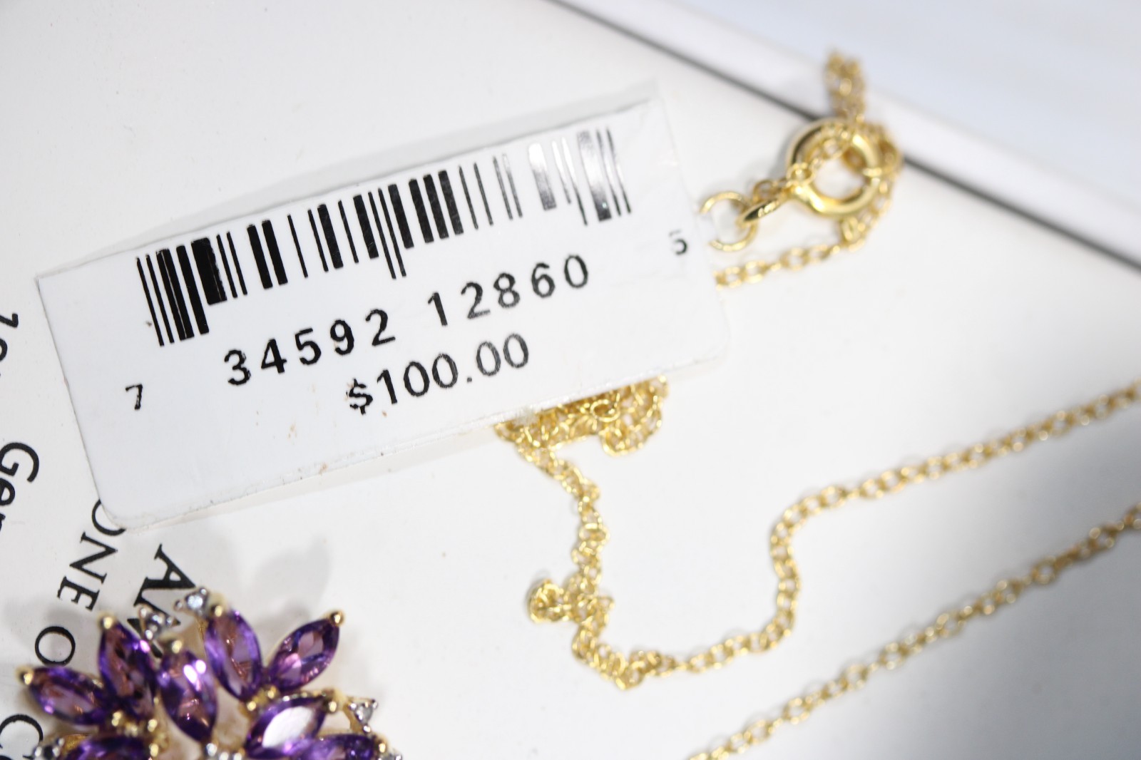 New 18K Gold Cluster Amethyst Diamond Necklace Modern NWT Tear Drop 18″ #121