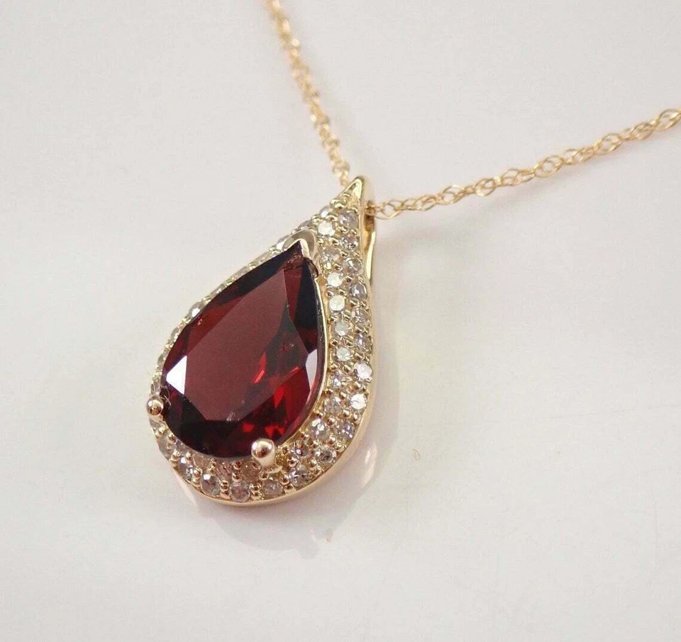 3Ct Pear Cut Red Garnet Halo Pendant 14K Yellow Gold Finish With 18″ Free Chain