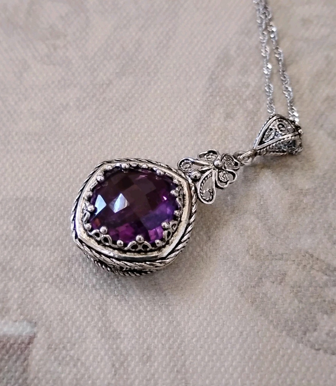 Ottoman Silver Turkey 925 African Amethyst Filigree Pendant Necklace 17.75″