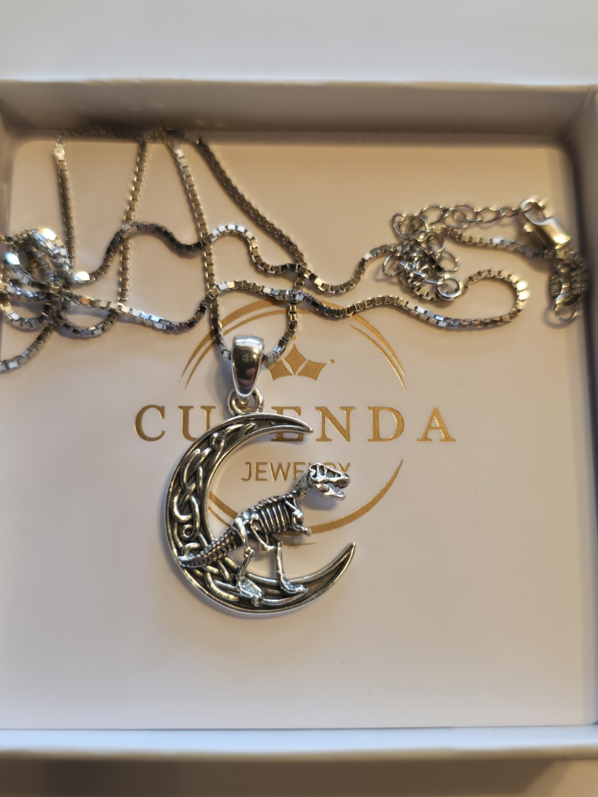 CULENDA Sterling Silver 925 Dinosaur Moon Pendant Box Chain Necklace
