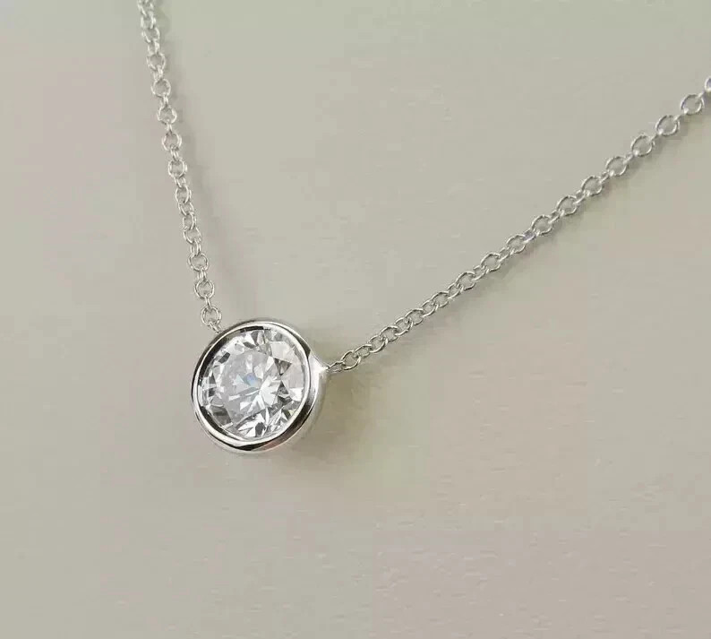 1.50 Ct Round Cut Moissanite Bezel Set Solitaire Pendant 14K White Gold Plated