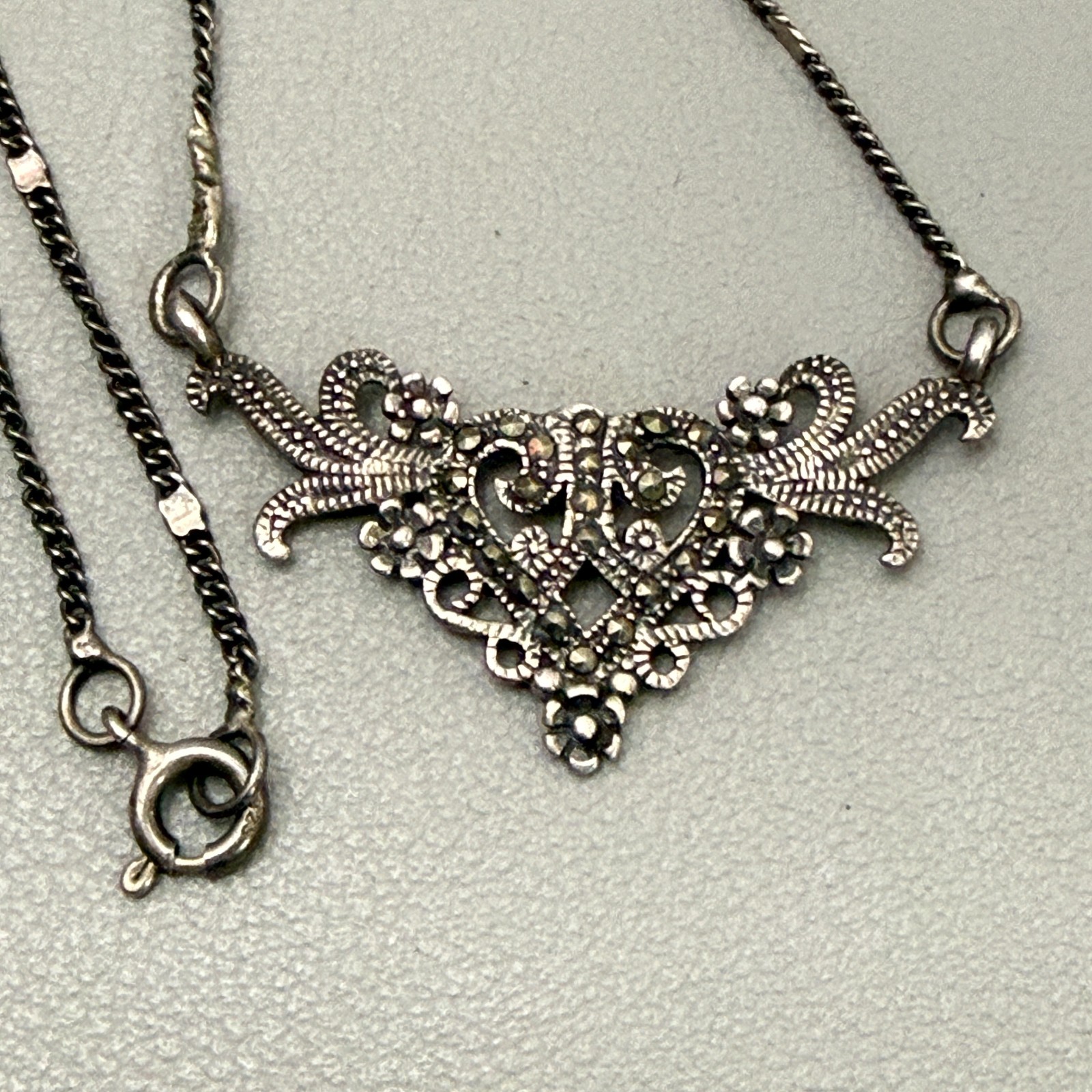 CW 925 Sterling Silver Marcasite Art Deco Style Filigree Necklace Vintage