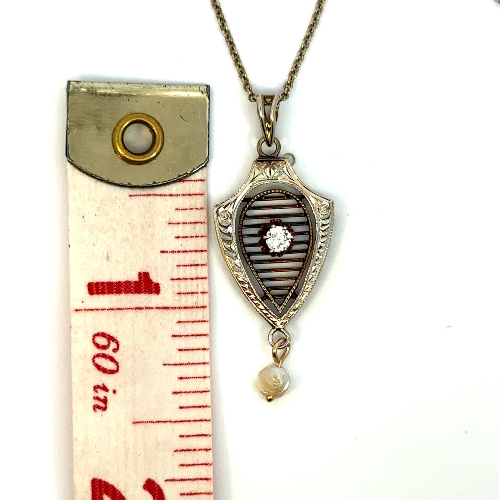 Vintage 14K Yellow Gold Diamond and Pearl Shield-Like Pendant Necklace 16″