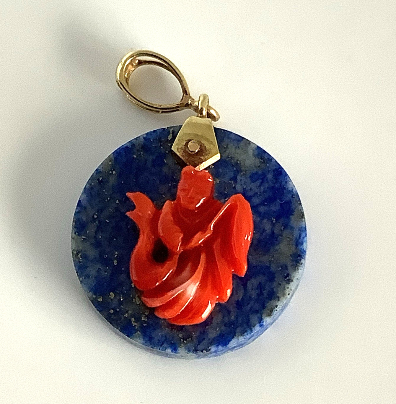 10k Gold Lapis Lazuli Pendant, Red Carved Coral Figure with Fishtail 2″