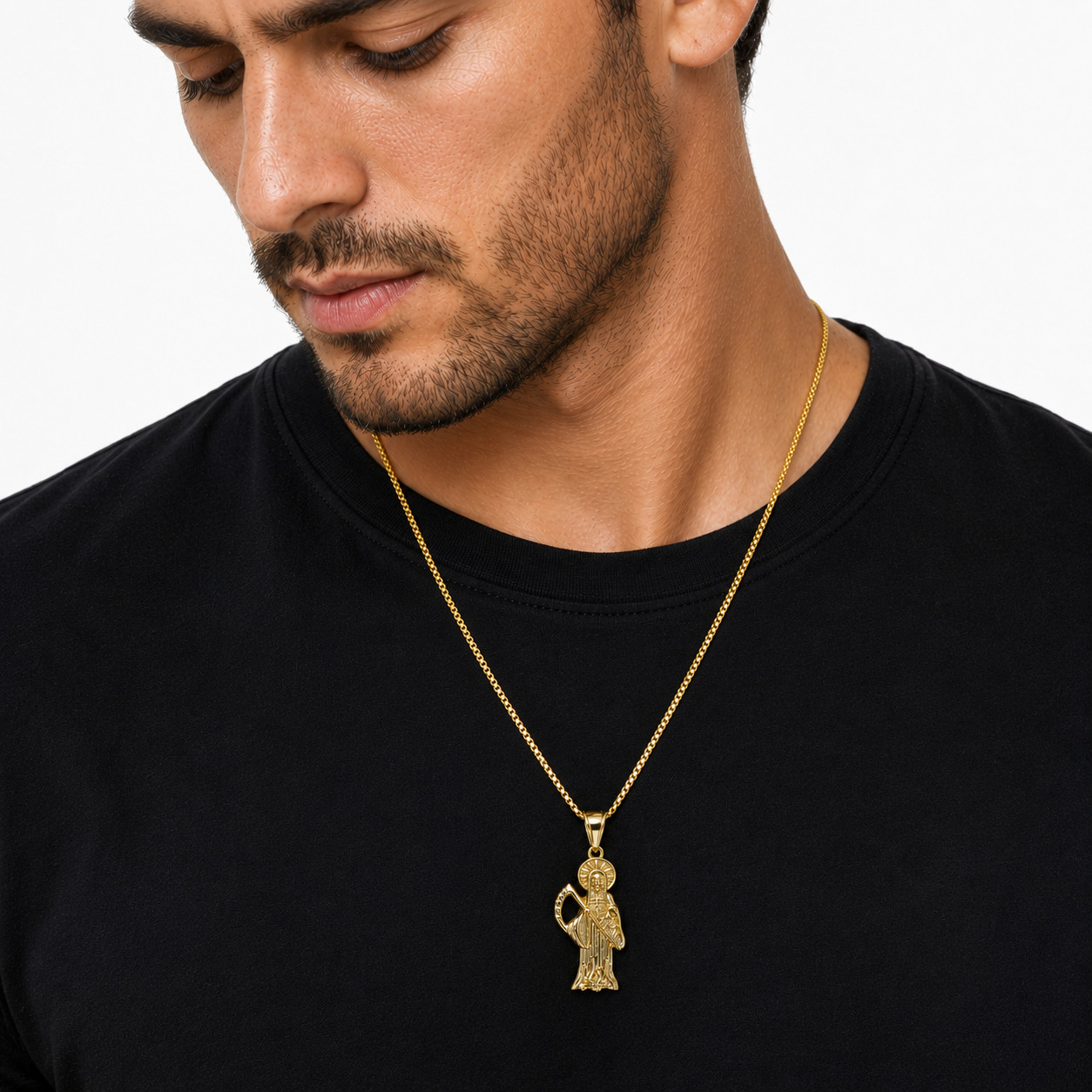 Italian 1/200 14k Yellow Gold Oro Santa Muerte Pendant Colgante Hombres Mujeres