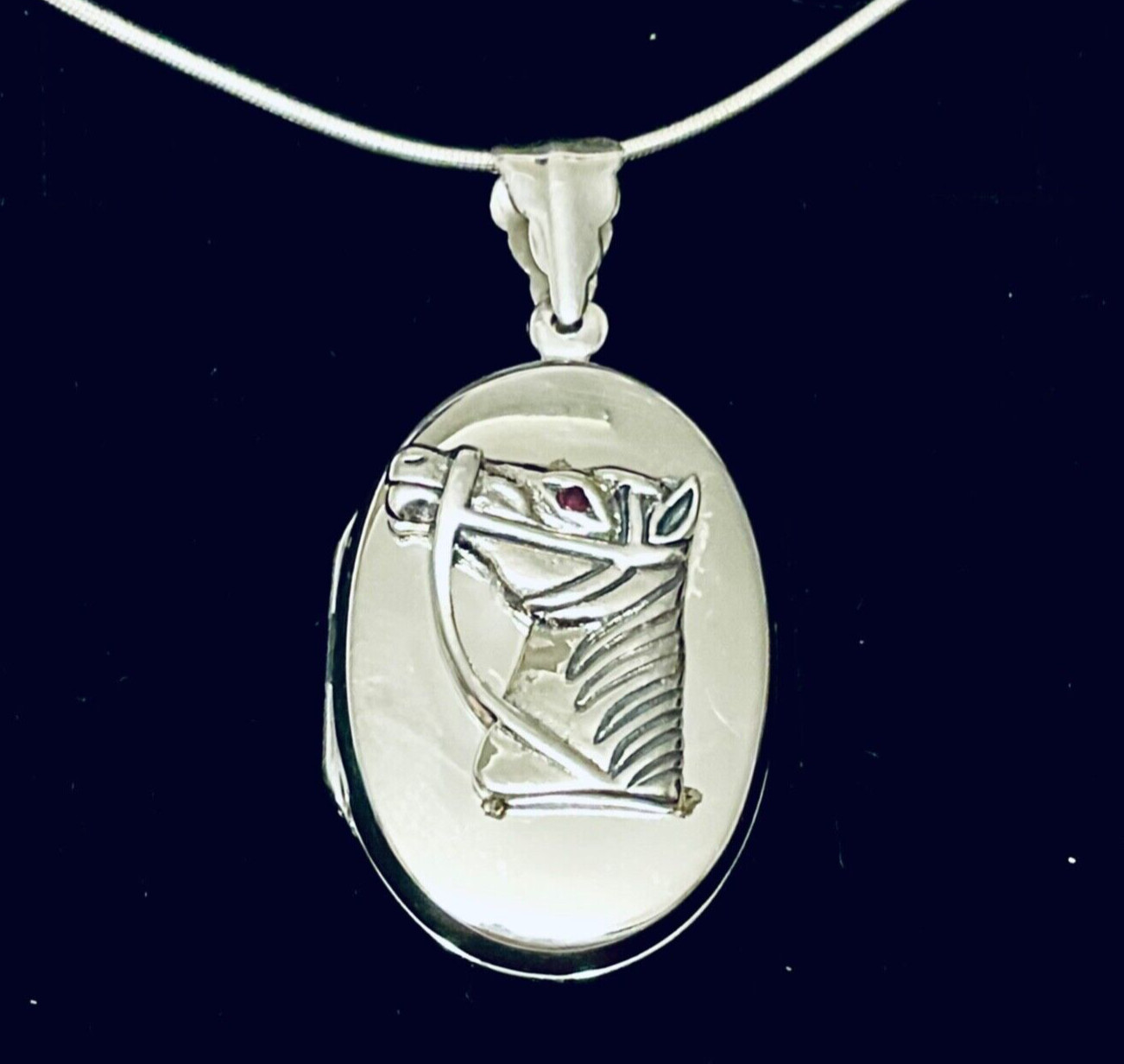 Sterling silver animal ruby horse pony memory photo oval locket & Chain Necklace