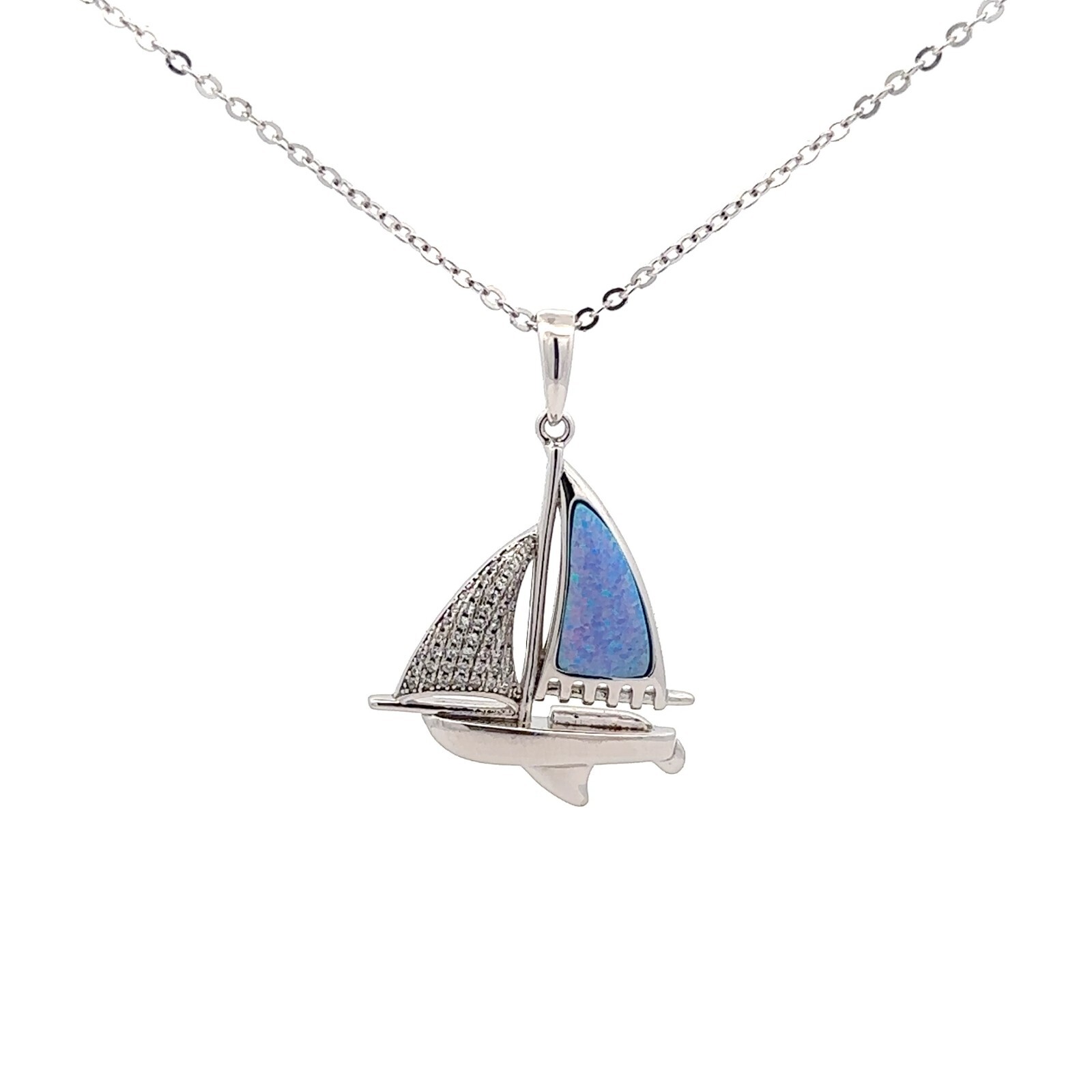 Sterling Silver Sailboat Necklace With CZ And Created Opal (1 1/8 x 1 1/2 Inch)