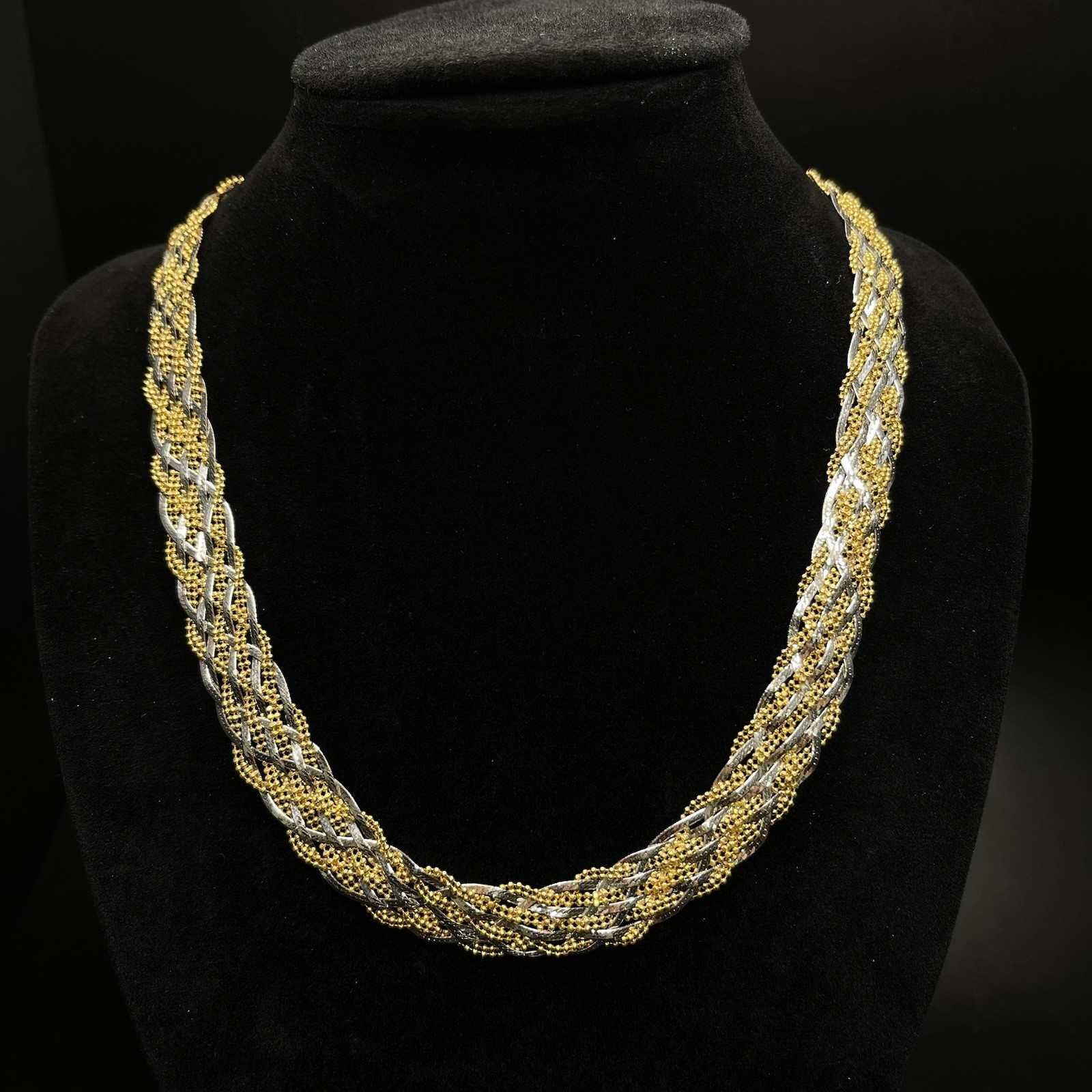 10K Yellow & White Gold Two-Tone Braided Herringbone Necklace 17” (21.1g)