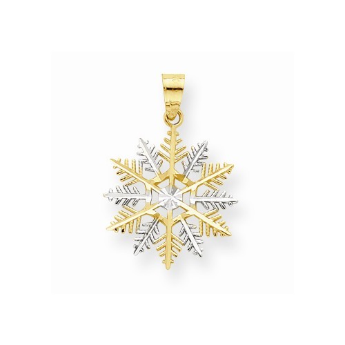 10K TWO TONE WHITE & YELLOW GOLD DIAMOND CUT SNOWFLAKE CHARM PENDANT