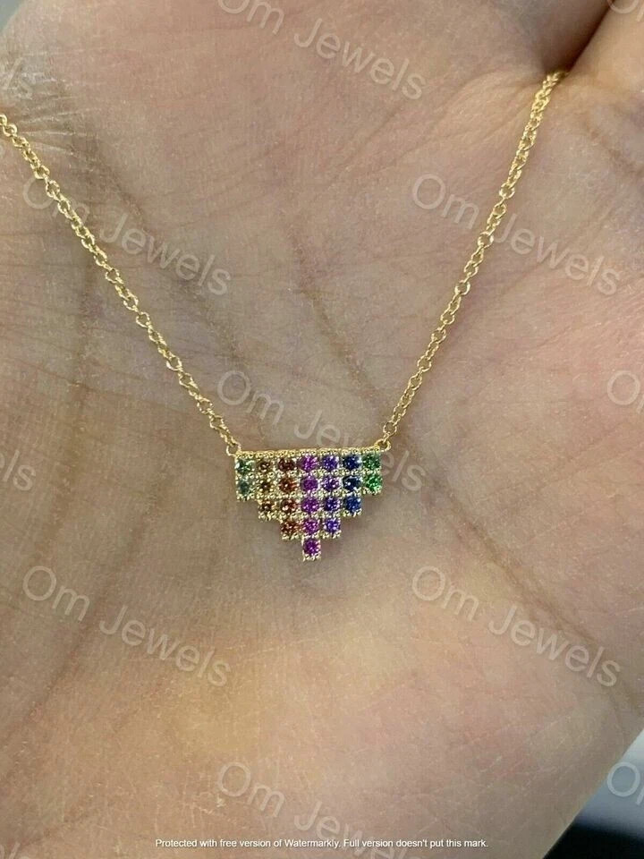 0.70Ct Round Cut Multi Color Rainbow Pendant 14K Yellow Gold Finish Free Chain