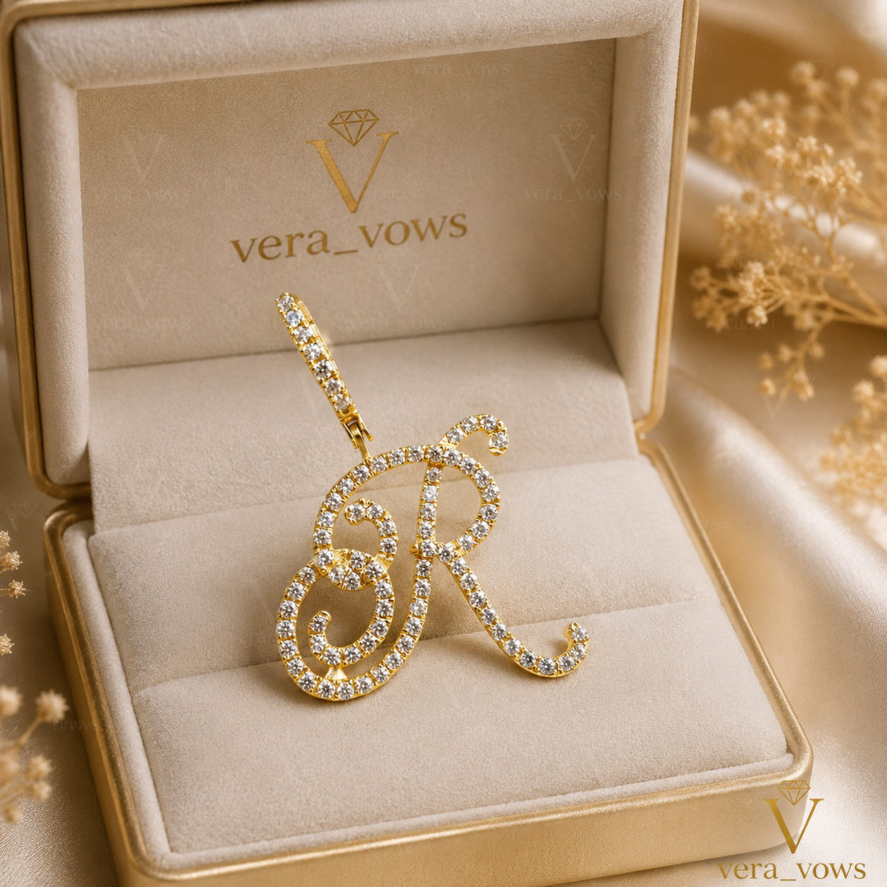 Round Lab-Created Moissanite Initial “R” Letter Pendant 14K Yellow Gold Plated