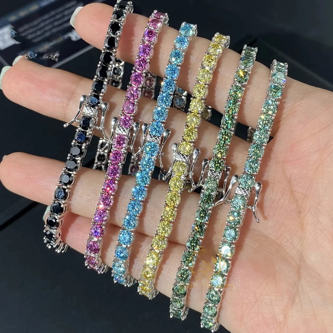 Colorful Real Moissanite Tennis Chain Necklace S925 Silver Bracelet Passes Test