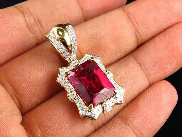 1.50CT Emerald Cut Lab Created Red Ruby Charm Pendant 14K Yellow Gold Plated 18″